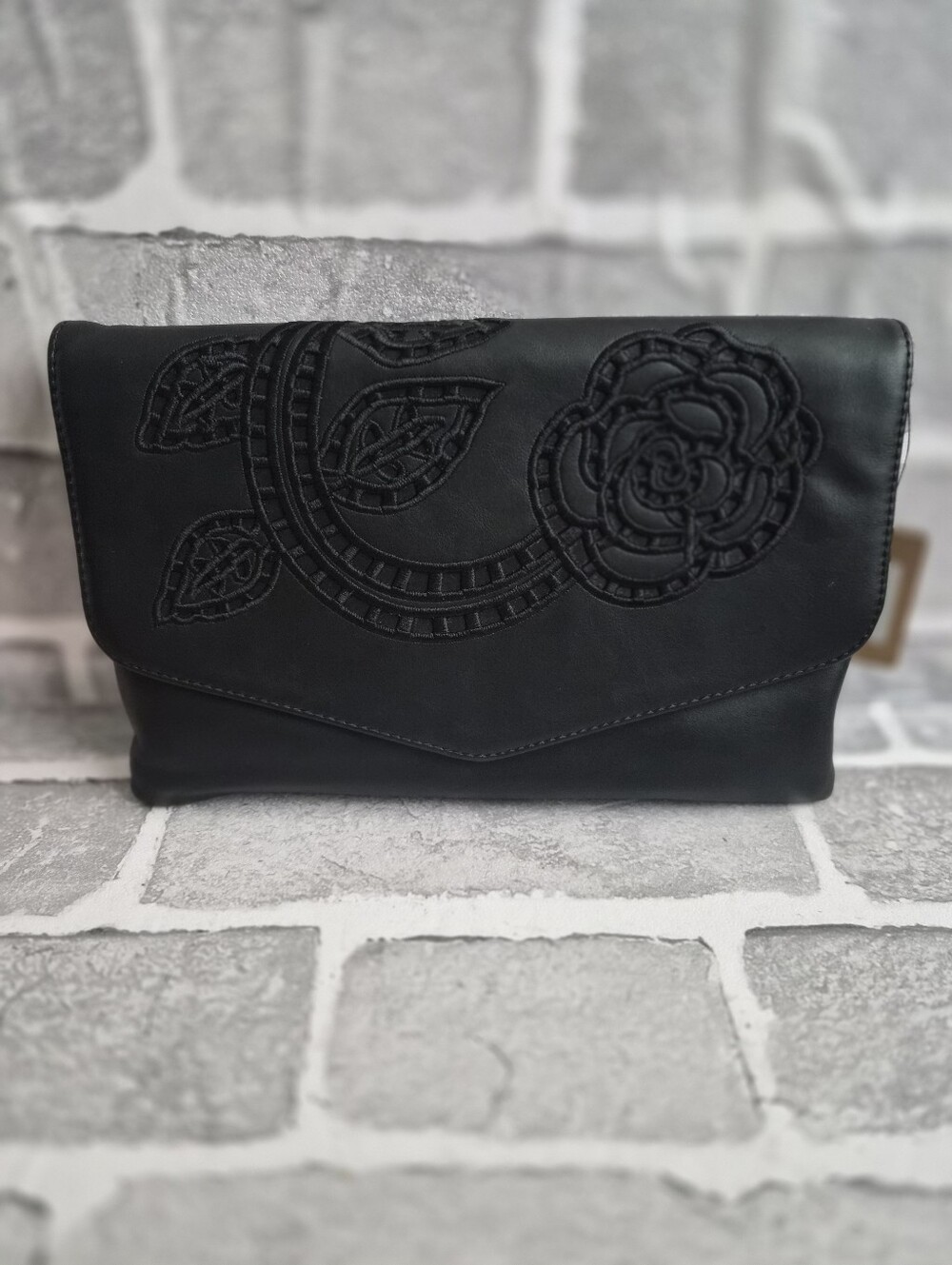 Hello 3 AM Black Floral-Embroidered Clutch Bag